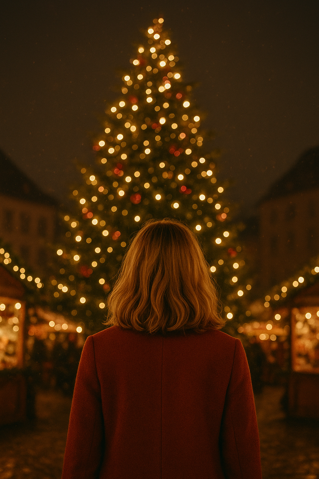 Frau auf einem Weihnachtsmarkt vor schön geschmückten Weihnachtsbaum