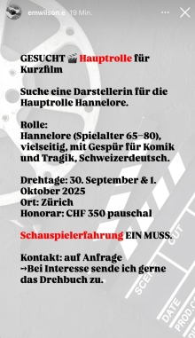 Hauptrolle für Kurzfilm gesucht Hauptrolle für Kurzfilm gesucht