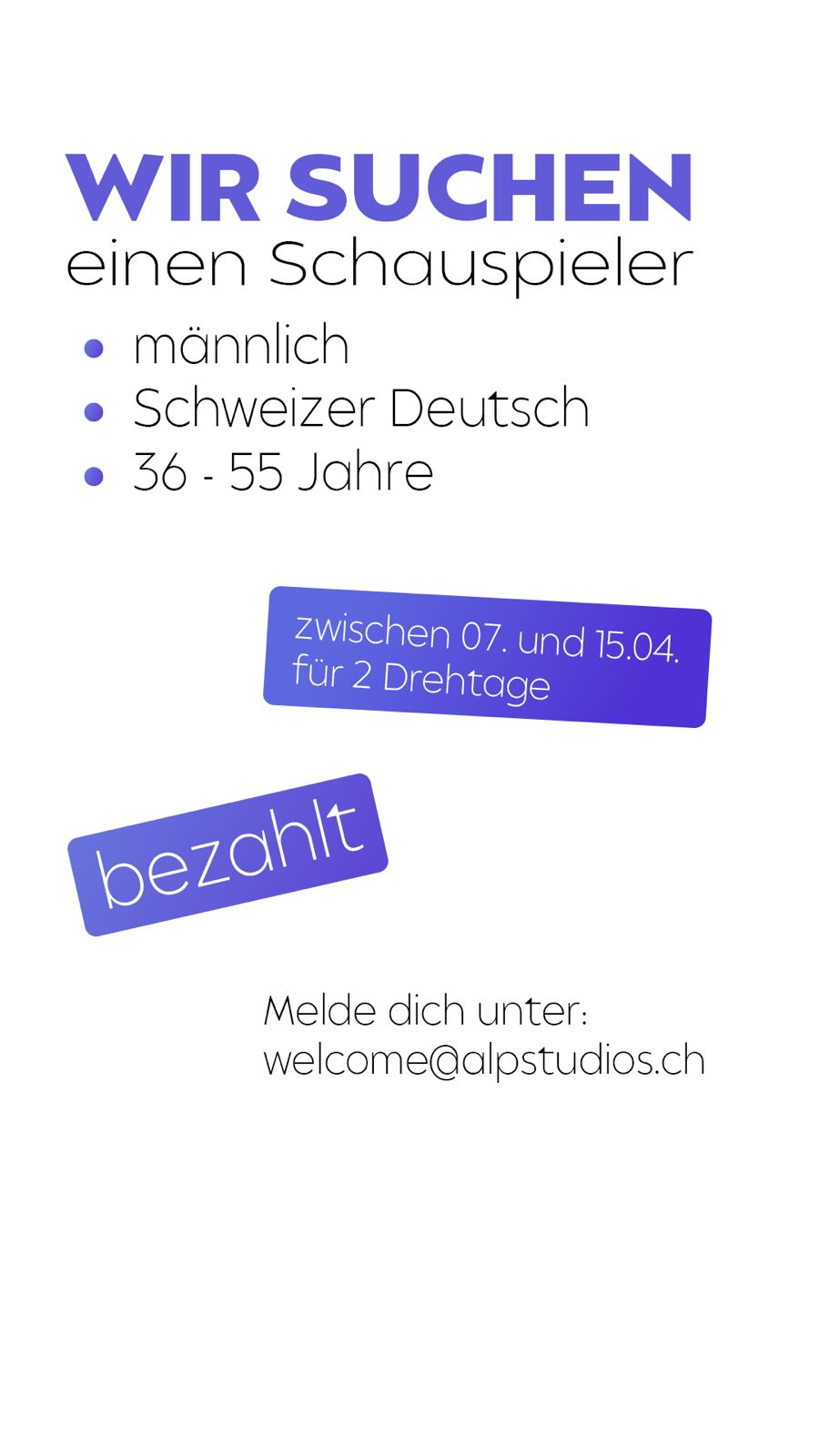 Schauspieler 36 - 55 Jahre gesucht Social Media Spots