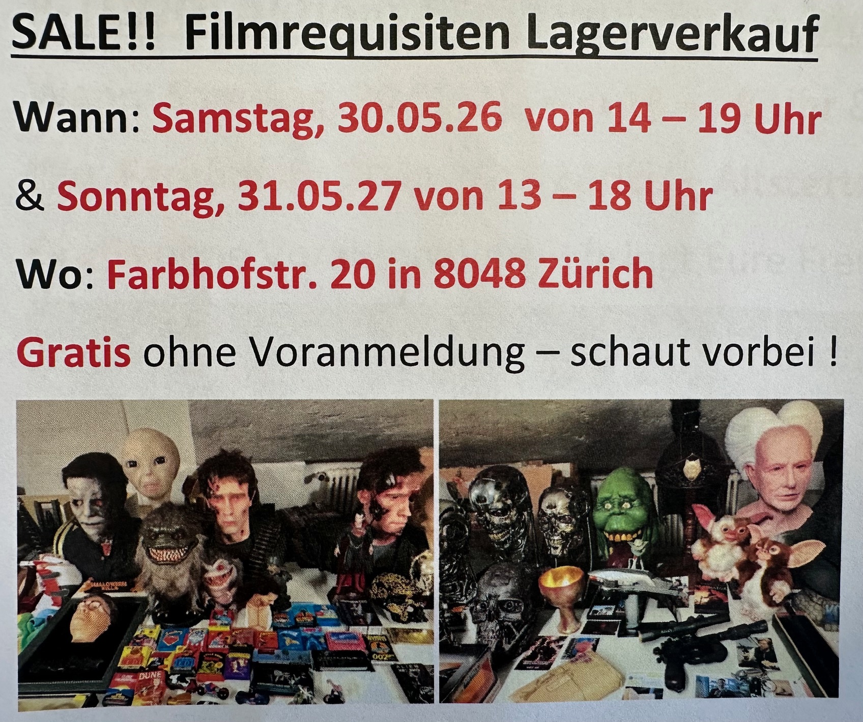 SALE: Filmrequisiten & Movie Memorabila Lager Verkauf am 30. + 31.05.26 in Zürich