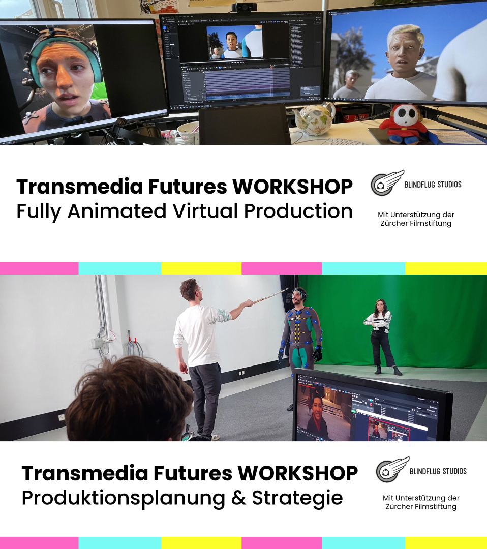 Promobild für die Workshops mit Bilder, die Prozesse aus der Fully Animated Virtual Production zeigen